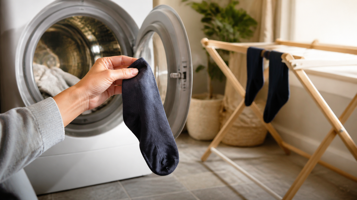 Socke vor einem geöffneten Wäschetrockner