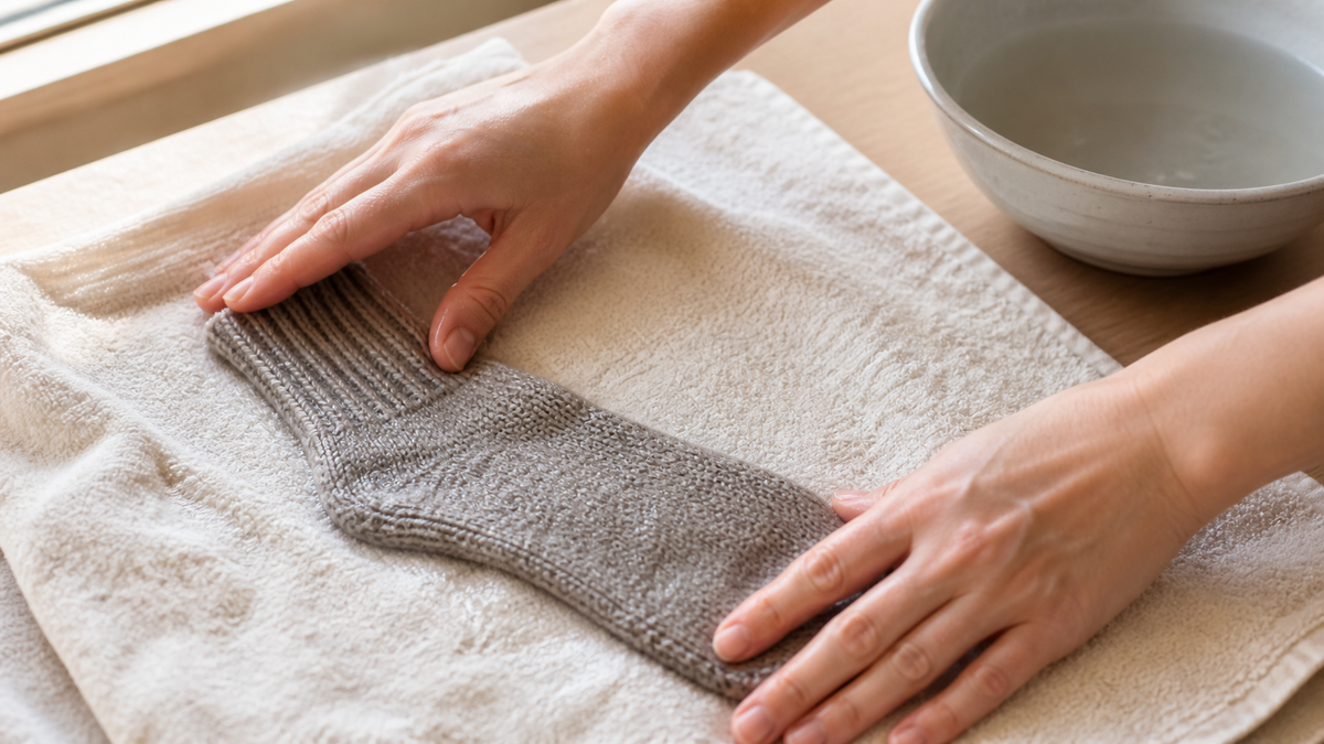 Dampfe Socke wird vorsichtig in Form gezogen