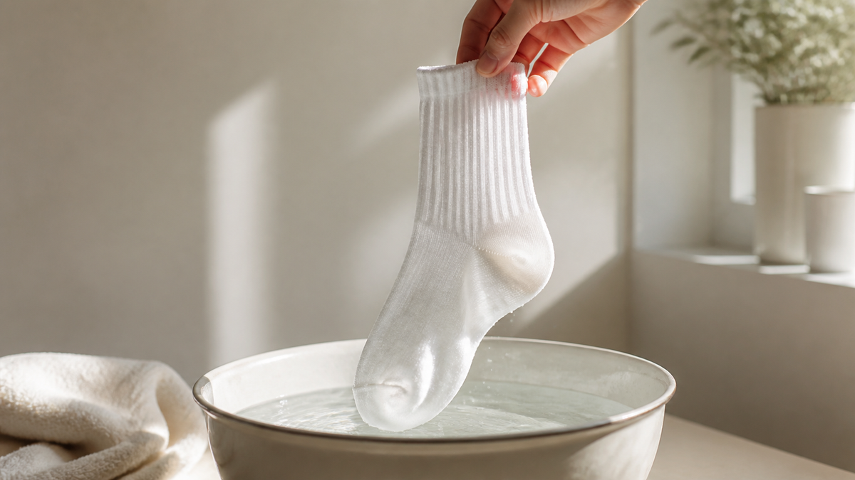 Frisch gewaschene weiße Socke über einer Wasserschale