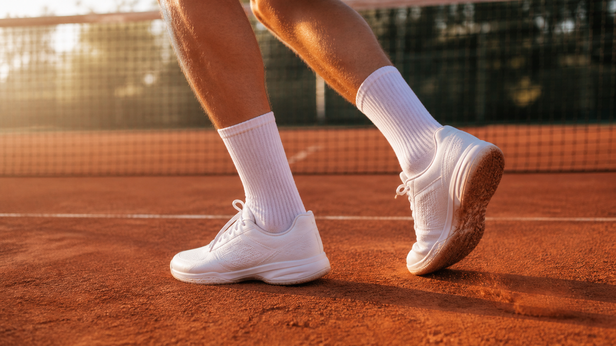Weiße Tennissocken und Sneaker auf einem Sandplatz